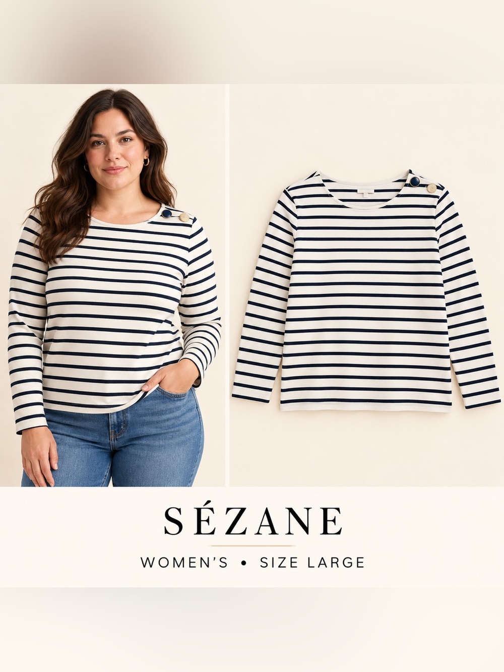 Sézane Colette Marinière in Ecru / Navy Size Large